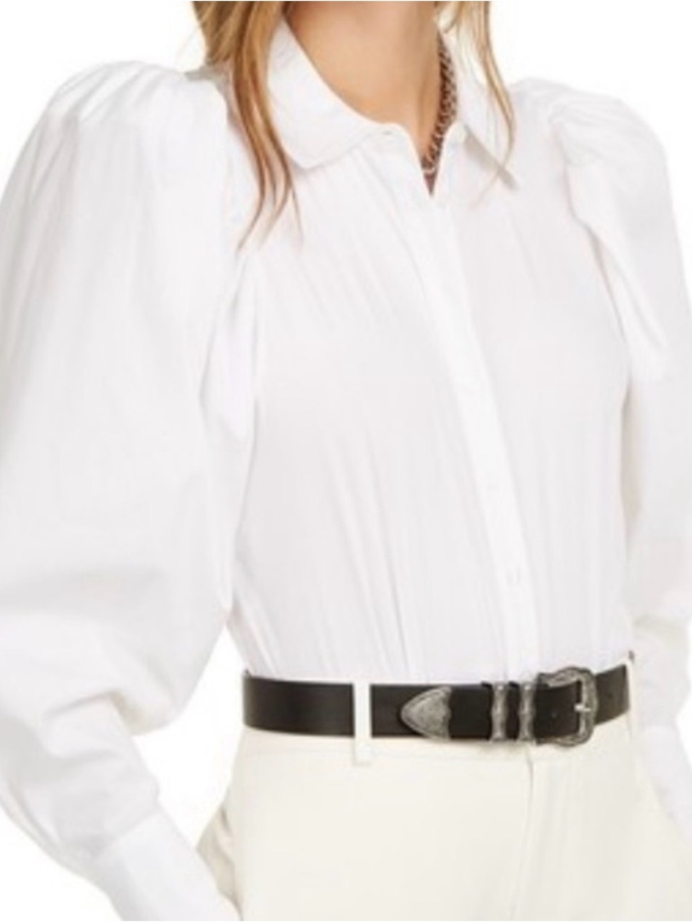 Women's White Puff-Sleeve Button-Down bodysuit